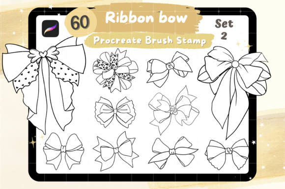 60 Ribbon Bow Procreate Brush Stamp Set